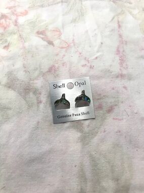 Silver Tone Genuine Paua Abalone Shell Whale Stud Earrings